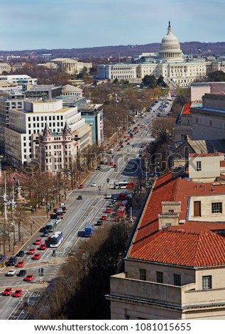 Aerial view looking down Pennsylvania Avenue with the US Capitol building in Washington dc