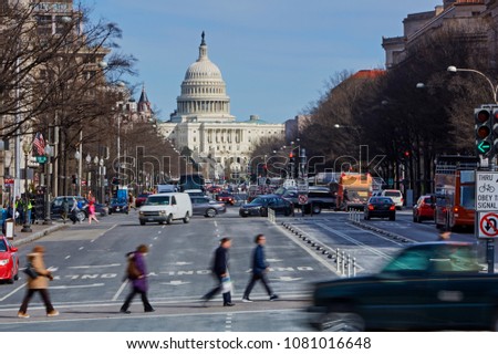 Looking down Pennsylvania Avenue with the US Capitol building with motion blue in Washington dc