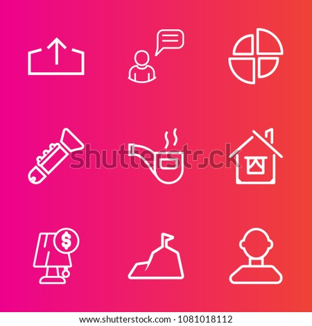 Premium set with outline vector icons. Such as musical, graphic, retro, interior, blue, vintage, chart, architecture, profile, pipe, sign, diagram, trumpet, chat, home, business, chatting, electricity