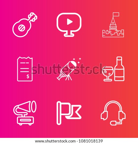 Premium set with outline vector icons. Such as paper, vintage, alcohol, video, castle, finance, music, button, star, medieval, headset, play, white, call, architecture, sign, guitar, concert, night