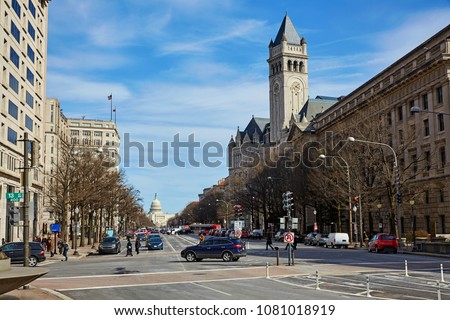 Looking down Pennsylvania Avenue with the Post office building and the US Capitol building in Washington dc