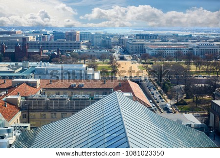 Aerial view of the skyline of the Washington Mall from the Old Post Office