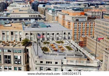 Aerial view of the offices and skyscrapers an the skyline of downtown Washington DC 