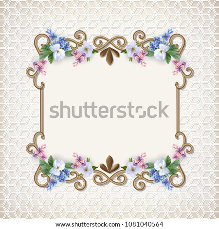 Vintage gold frame. Decorative retro border and flowers. Luxury wedding background