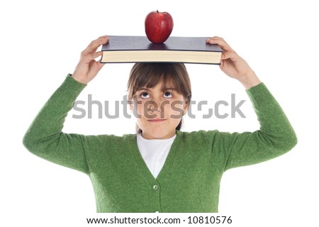 adorable girl studying with books and apple in the head