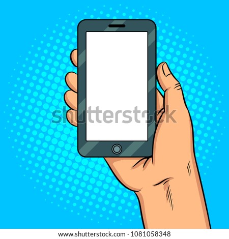 Smart phone with white blank screen pop art retro raster illustration. Comic book style imitation.