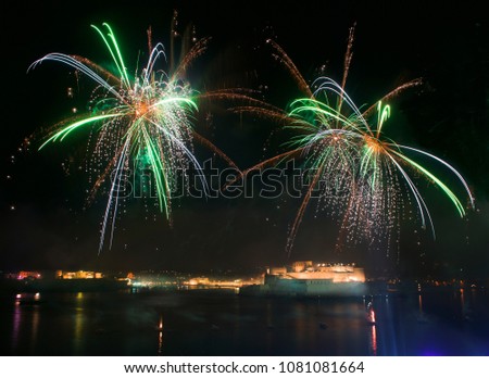 Fireworks show,colorful fireworks on the black sky background, Fireworks festival in Malta, 2018. Valletta, Malta