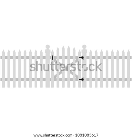 White Picket Fence and Gate Illustration - Traditional white picket fence with gate on black hinges representing American dream of suburbia