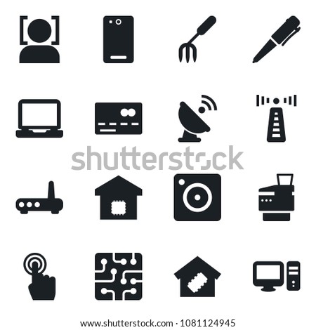 Set of vector isolated black icon - antenna vector, credit card, pen, garden fork, satellite, touch screen, laptop pc, phone back, mobile camera, face id, copier, smart home, chip, router
