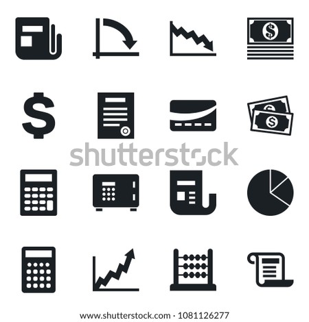 Set of vector isolated black icon - safe vector, dollar sign, crisis graph, cash, news, pie, abacus, contract, credit card, growth, calculator