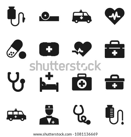 Flat vector icon set - pills vector, first aid kit, doctor bag, heart pulse, stethoscope, eye hat, hospital bed, amkbulance car, drop counter