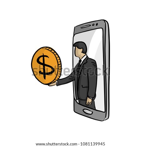 businessman in big mobile phone giving a big golden coin vector illustration sketch doodle hand drawn with black lines isolated on white background