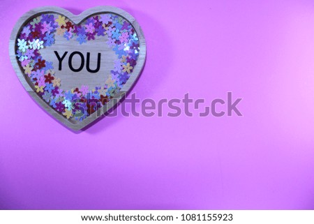 Wood heart of you with colorful flower on pink background 3