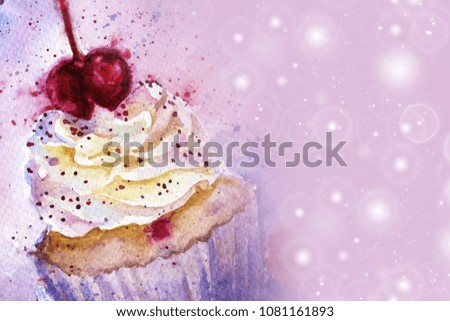 Cupcake with a cherry. Background. Watercolor