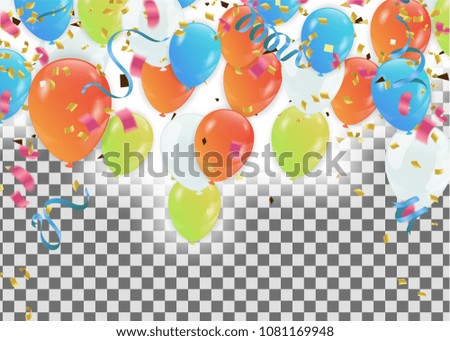 Colorful balloons Happy Birthday  Holiday frame or background with colorful balloon, cap and streamer. Flat lay style. Birthday or party greeting card with copy space.