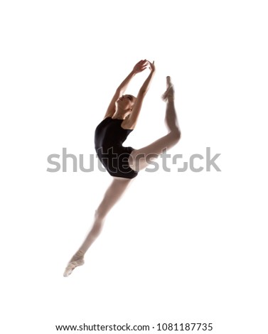 Amazing ballerina floating in the air, dance element isolated on white background. Studio photography