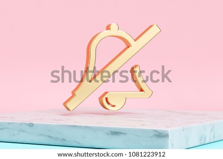 Golden Bell Slash Icon on Pink Background . 3D Illustration of Golden Bell, Silent, Slash, Phone, Mute, Symbol, Silence Icons on Pink Color With White Marble.