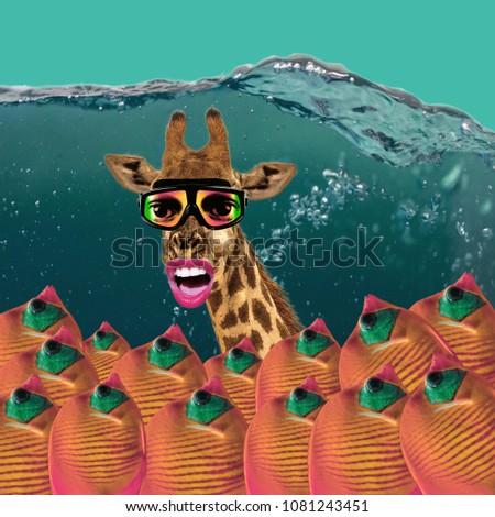 Abstract animal Art collage. Giraffe wearing a diving mask, summer background