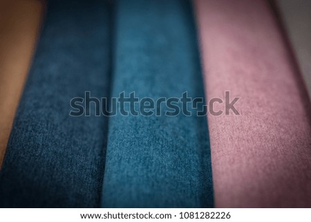 Colorful upholstery fabric samples background. Abstract background, empty template.