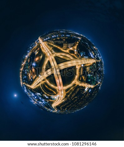 Night Planet. Bridge roads in Riga city 360 VR Drone picture for Virtual reality, Panorama
