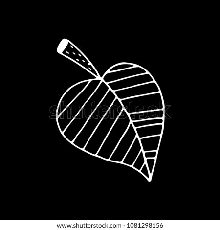 Linear cartoon hand drawn leaf drawing. Cute raster black and white leaf drawing. Isolated monochrome doodle leaf drawing on black background.