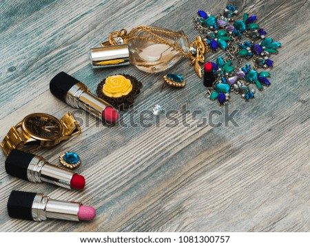 Overhead view of essential beauty items, Top view and cosmetic