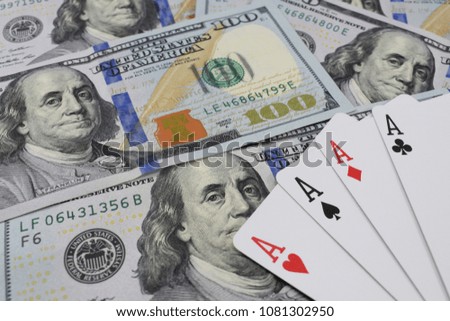 casino, real money. on the table money (dollars), playing cards