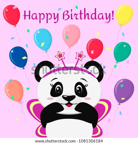 Sweet panda in a pink butterfly costume, stands with raised hands against the background of balloons in the cartoon style. Happy Birthday. , a flat design.