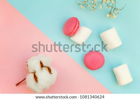 Top view of mini pink macaron or macaroon french desserts cake with marshmallows and cotton flowers on soft sweet pink and blue pastel geometric paper flat lay background.