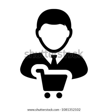 Shopping cart icon vector with male customer person profile avatar symbol for buying goods in Glyph Pictogram 
illustration