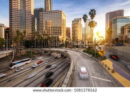 Downtown Los Angeles traffic at sunset 