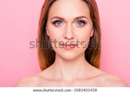 Blonde hair clean clear body wash stylish trend style natural make up maquillage visage concept. Close up portrait of beautiful charming lady with expression lines corners of eyes isolated background
