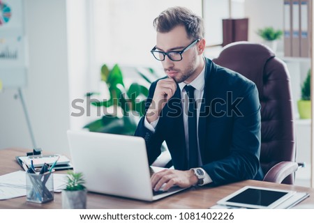 Workplace attorney success collar executive notary broker lawyer people corporate concept. Concentrated serious handsome pensive smart clever broker realtor recruiter using netbook at work Royalty-Free Stock Photo #1081402226