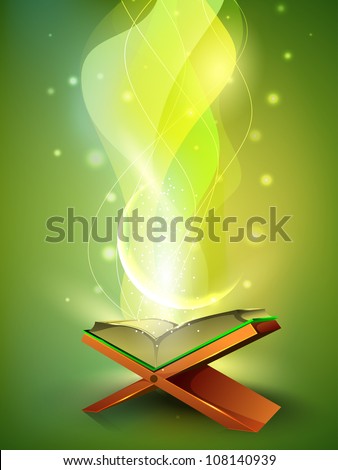 Open side of Holy Quran book on wood stand, over wave background. EPS 10.