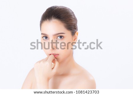 Portrait of beautiful brunette woman makeup of cosmetic, girl hand touch cheek and smile attractive, face of beauty perfect with wellness isolated on white background with skin healthcare concept.