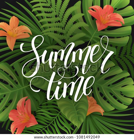 Summer lettering. Tropical palm leaves background. Vector illustration EPS10.