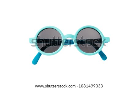 Kids sunglasses. Light blue frame sunglasses isolated on white background, top view Royalty-Free Stock Photo #1081499033
