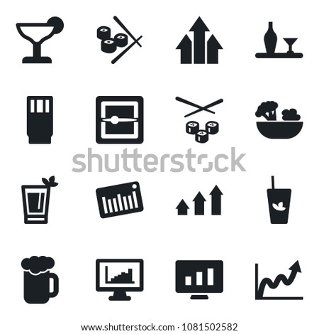 Set of vector isolated black icon - statistic monitor vector, barcode, scanner, statistics, alcohol, drink, cocktail, phyto bar, beer, salad, sushi, arrow up graph, growth