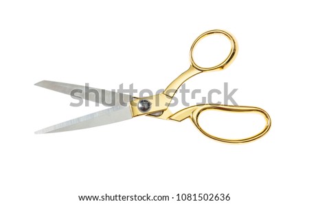 Open pair of tailor scissors with gold handle isolated on white background, top view Royalty-Free Stock Photo #1081502636