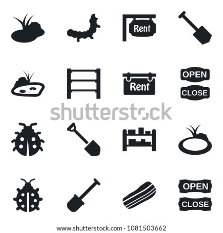 Set of vector isolated black icon - job vector, shovel, lady bug, caterpillar, pond, rack, rent, bacon, open close