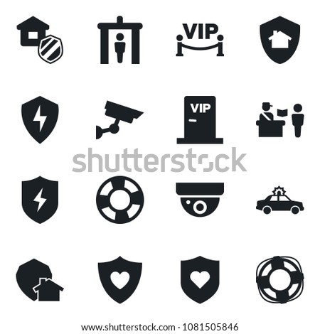Set of vector isolated black icon - passport control vector, security gate, alarm car, heart shield, protect, estate insurance, vip zone, home, surveillance, crisis management