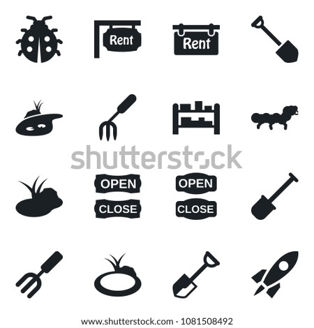 Set of vector isolated black icon - job vector, garden fork, shovel, lady bug, caterpillar, pond, rack, rent, open close, rocket