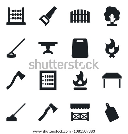 Set of vector isolated black icon - tree vector, saw, fire, hoe, axe, abacus, fence, table, alcove, cutting board