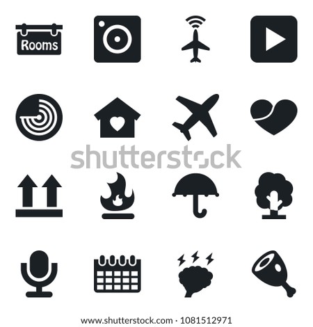 Set of vector isolated black icon - plane radar vector, brainstorm, calendar, tree, fire, umbrella, up side sign, microphone, heart, play button, mobile camera, rooms, sweet home, ham