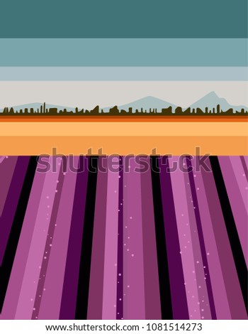 Landscape with blue silhouettes of sky and purple field with forest - vector illustration