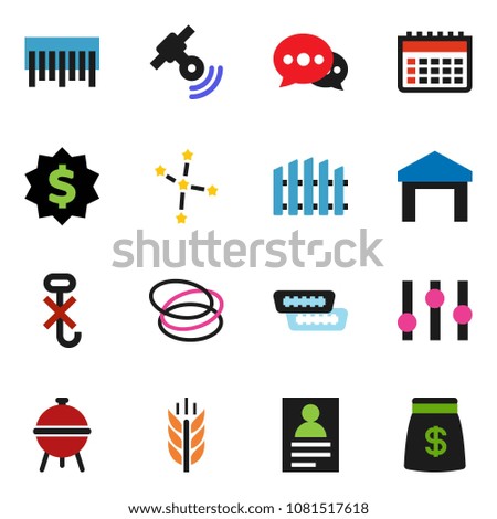 solid vector icon set - bbq vector, personal information, constellation, dollar medal, calendar, cereals, hoop, no hook, warehouse, barcode, satellitie, settings, hdmi, message, fence, money bag