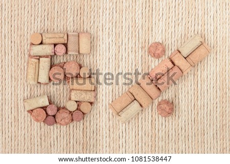 Number five 5 %  percent made of wine corks on jute rope background. Sale Banner