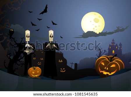 illustration of scary halloween hideous carved pumpkins with dead man theme background