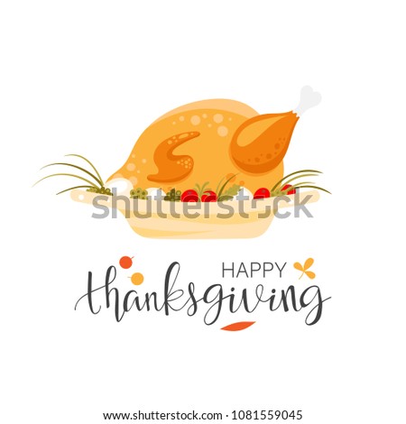 Illustration of Happy Thanksgiving Day lettering and roasted turkey with vegetables on the plate. Autumn holiday vector background.