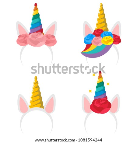 Unicorn headband cartoon icon set. Vector flat hair clip with a horn, ears, rose flower and rainbow isolated on a white background.